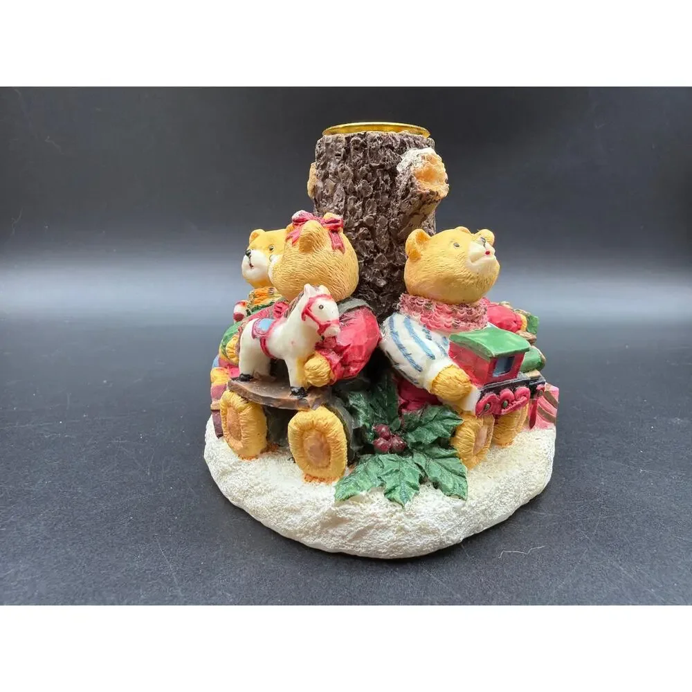 Vintage Teddy Bear Christmas Votive Candle Holder Resin Toys Tree Stump 3.5”x4”